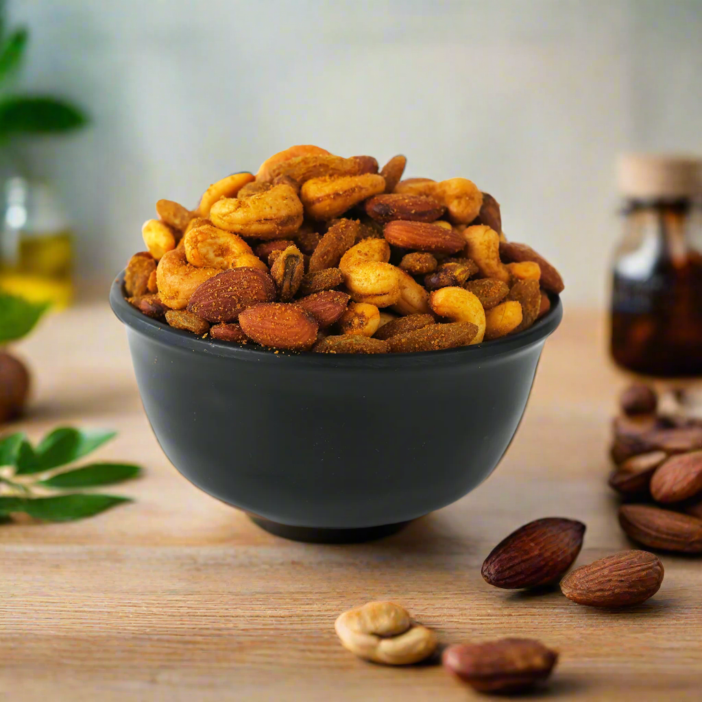 Black bowl filled with spiced dry fruit mix including almonds, cashews, pistachios, and black raisins – Ambika Vijay Farsan’s Fasting Chivda.